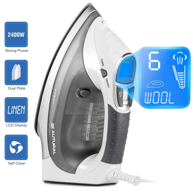 Beautural 2400 W Steam Iron with LCD Display, Variable Temperature and Double Ceramic Coated Soleplate, 8 ft Power Cord and 340ML Tank, White & Grey