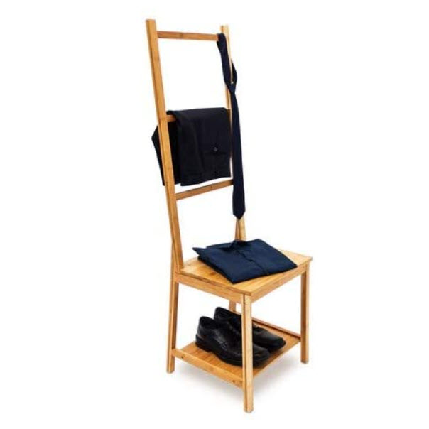 Relaxdays Bamboo Clothes Valet Chair 133 x 40 x 42 cm with 2 Shelves Wooden Clothes Stand with 3 Rails