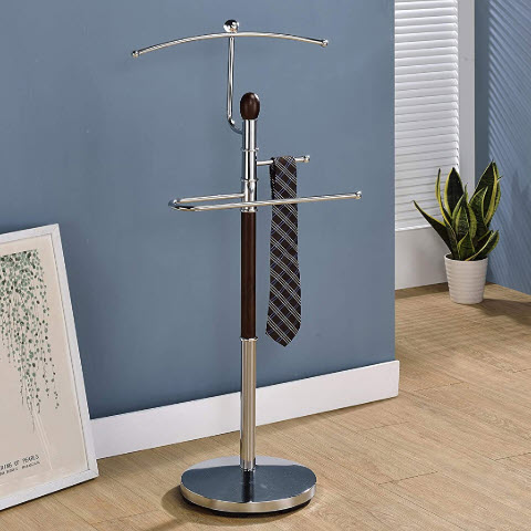King’s brand walnut finish wood and metal suit valet rack stand